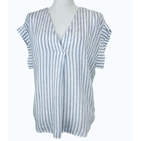 RAILS Short Sleeve Sz L Nala linen blend blue iris stripe Lightweight Nautical - Picture 2 of 13